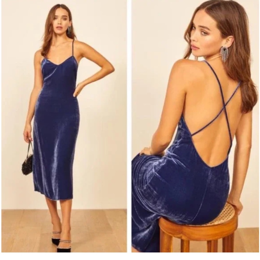 REFORMATION Moore blue velvet midi dress